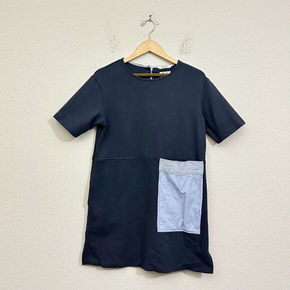 HS Mini Dress Navy Blue Short Sleeve Oversized Pocket Minimalist Y2K - Picture 1 of 11